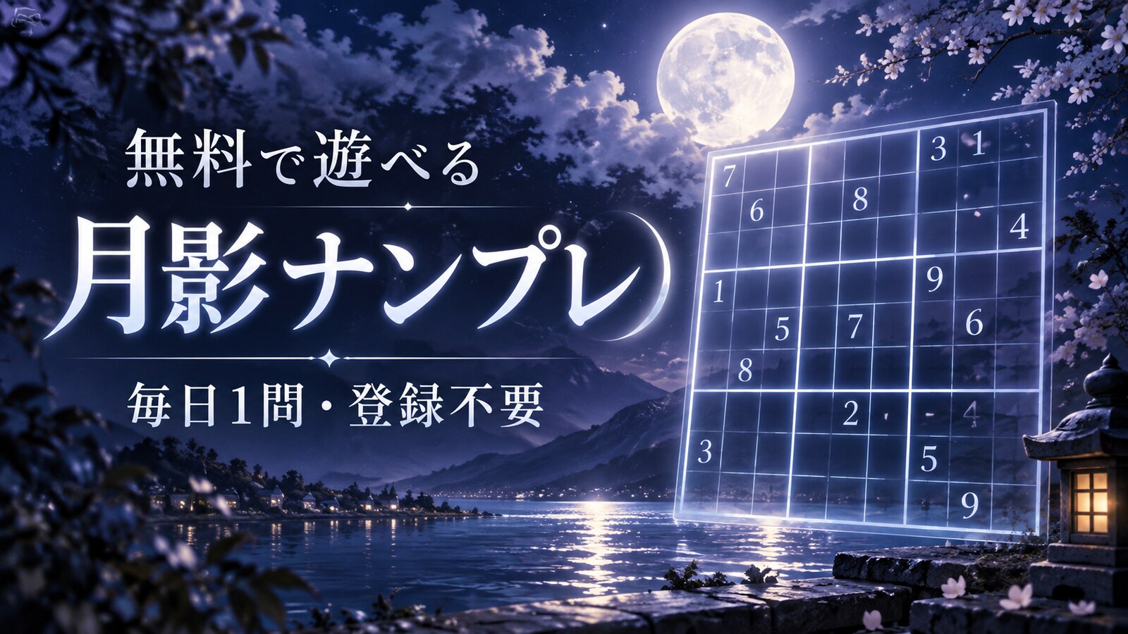 月明かりとナンプレ盤を描いた「無料で遊べる 月影ナンプレ 毎日1問・登録不要」のアイキャッチ画像
