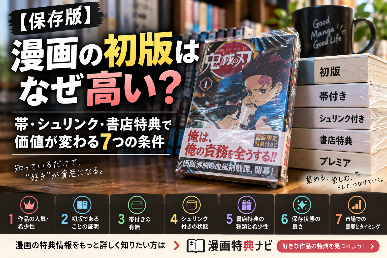 漫画の初版、帯、シュリンク、書店特典など価値を左右する7つの条件を紹介するアイキャッチ